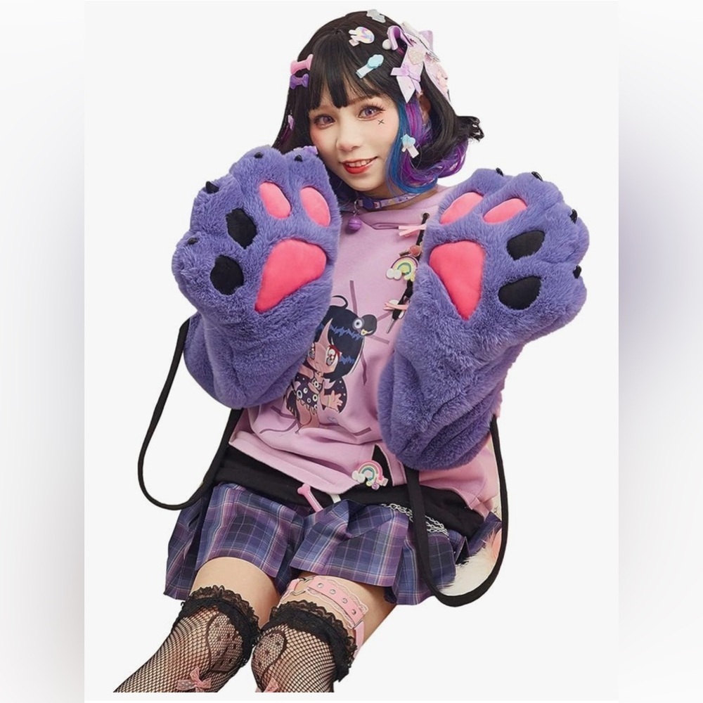 Micotaku Womens Pullover Hoodie with Detachable Bag Design Furry Cat Paw SZ L/XL